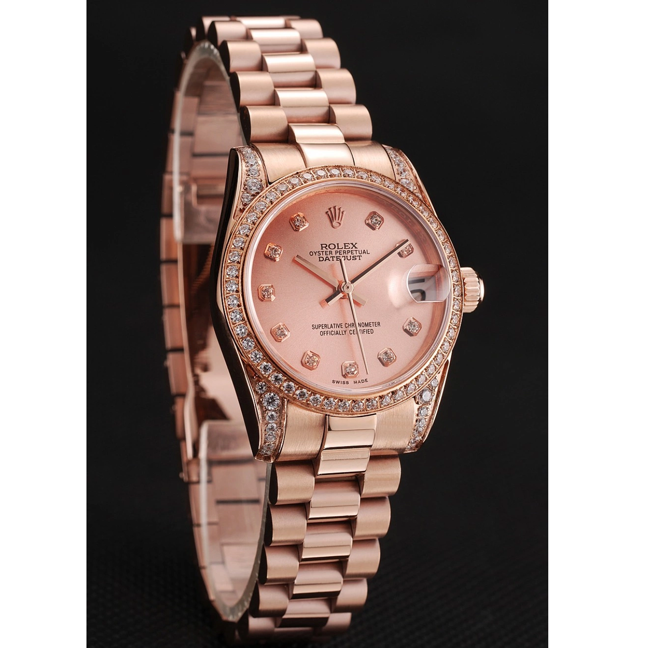 Best AAA Replica Sites DateJust Swiss Gold Dial Rolex Diamond Rose 1453977 Case Bracelet Rose Gold 0520